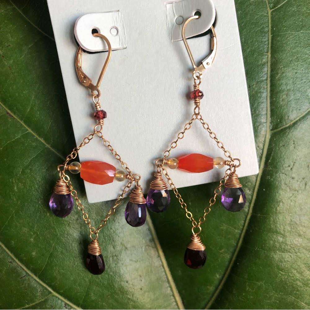 Agapantha Gold Fill Vintage Gemstone Crystal Chandelier Earrings Chain Amethyst